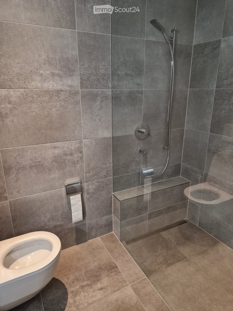 modern bathroom with gray tiles, white toilet, shower area with glass door and shelf, wall mounted shower head