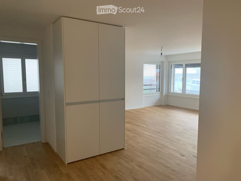 Empty room with wooden flooring, white walls, large windows, and a built-in closet.
