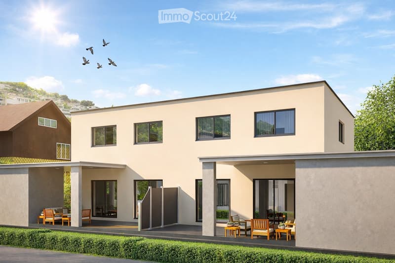House. Modern two-story house with a light beige facade, large windows, and a covered patio area with outdoor furniture.