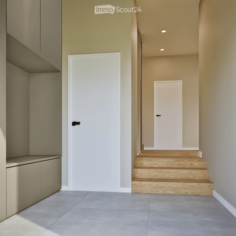 Corridor / Hallway. Modern hallway with grey tiled floor, wooden staircase, white doors, and built-in shelving unit on the left side.