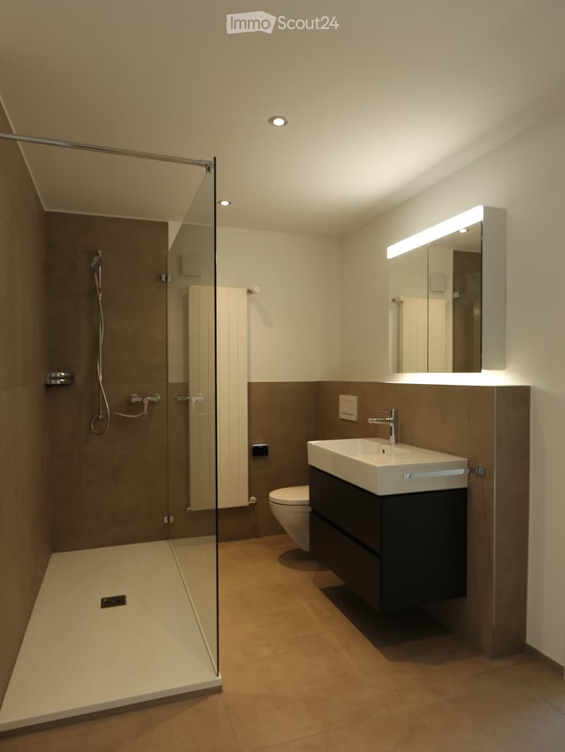 Bathroom. Modern bathroom with a glass-enclosed shower, a white sink with a dark wooden cabinet, a toilet, and a large mirror with built-in lighting.