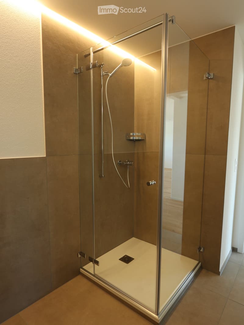 Bathroom. Modern shower stall with glass enclosure, built-in showerhead, and sleek design.