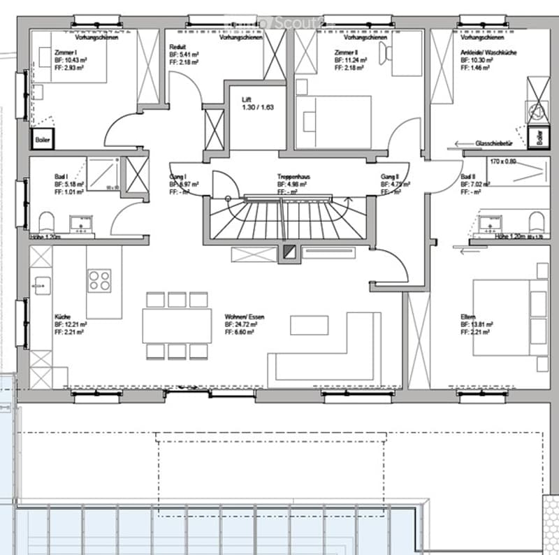 Floor plan of a multi-room residential space including living room, dining room, kitchen, bedrooms, bathrooms, hallway, and utility areas.