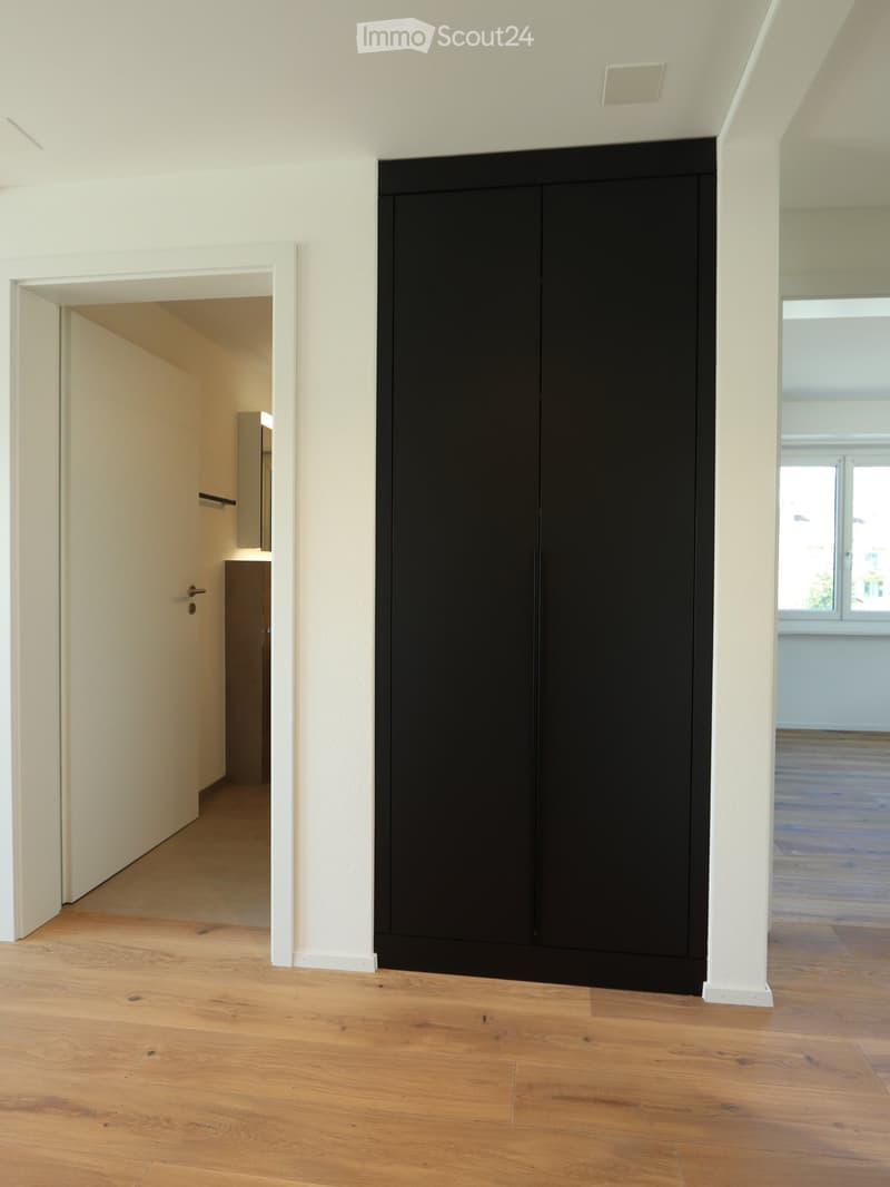 Corridor / Hallway. Empty hallway with light wooden flooring, white walls, and a large black panel on one side. An open doorway leads to another room, and a window allows natural light to enter.
