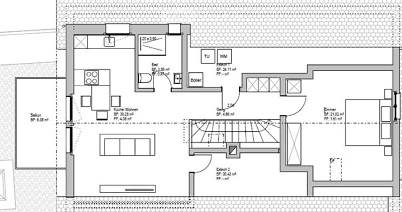 Floor plan of a house with multiple rooms including a kitchen, living room, bedrooms, bathrooms, and a balcony.