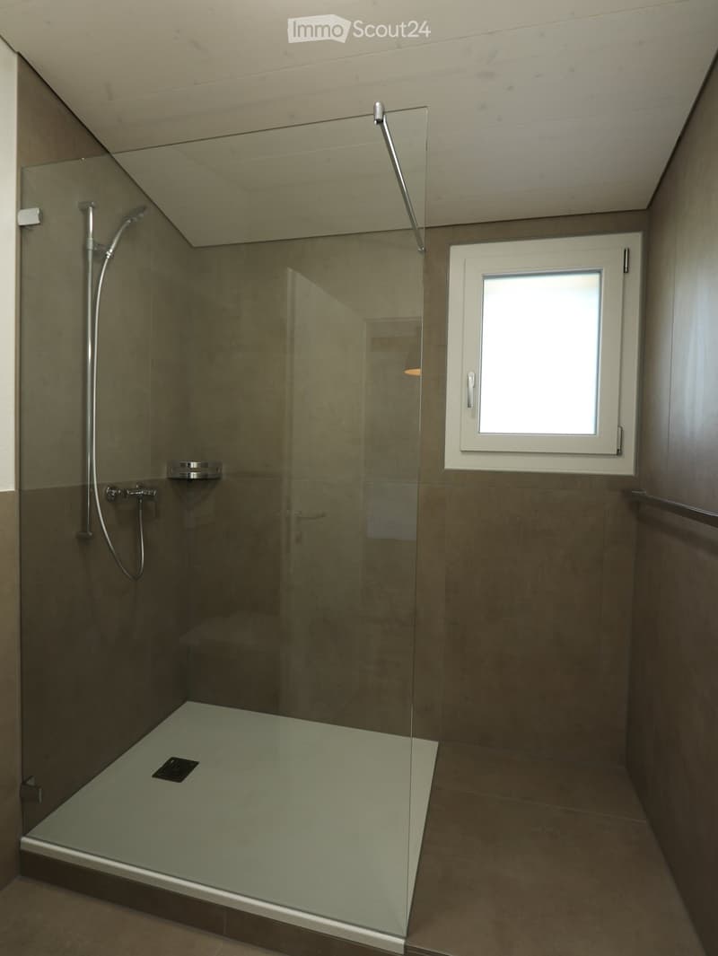 Modern bathroom with a glass-enclosed shower stall, a handheld showerhead, and a window for natural light.