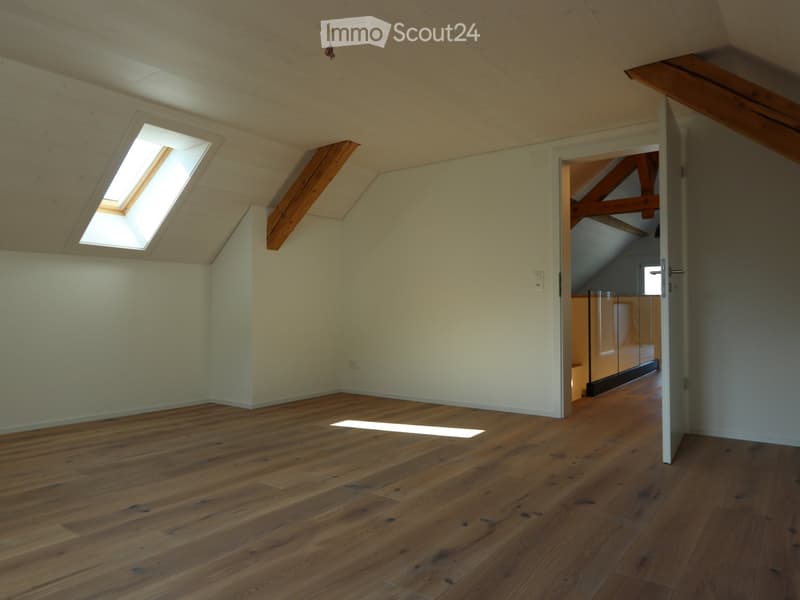 Empty attic room with wooden flooring, exposed wooden beams, and a skylight window letting in natural light.