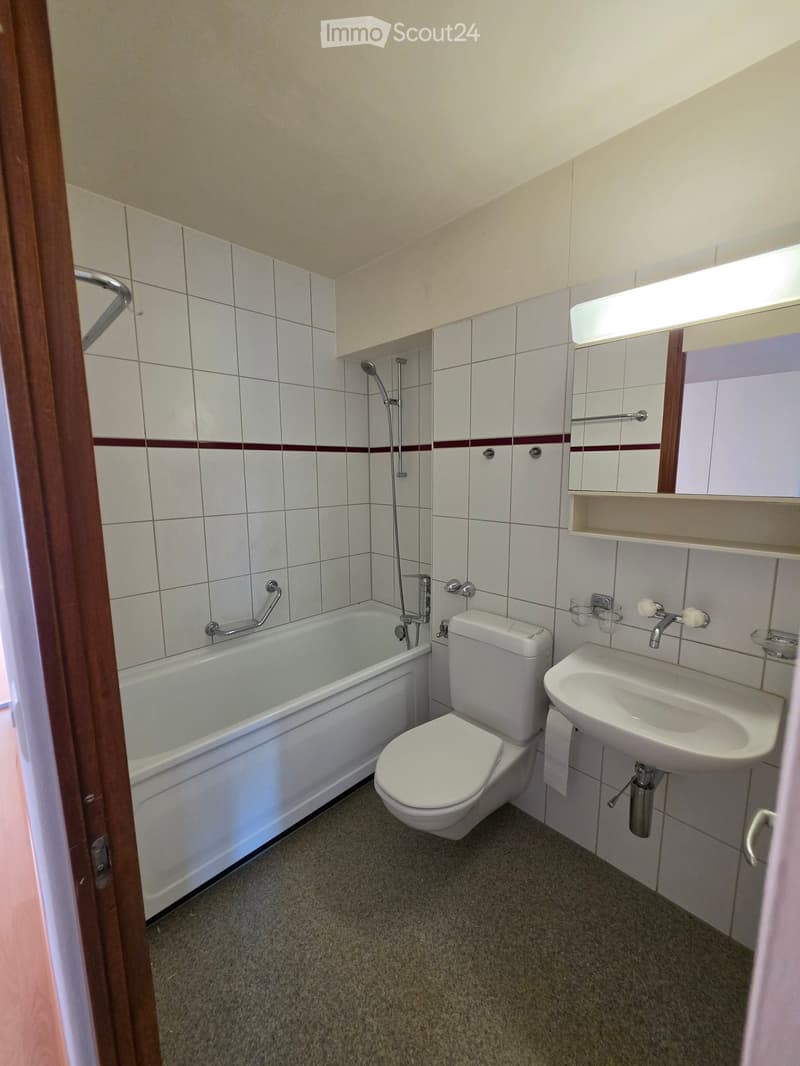 Modern bathroom with white tiles, bathtub, toilet, sink, mirror, and handrail.