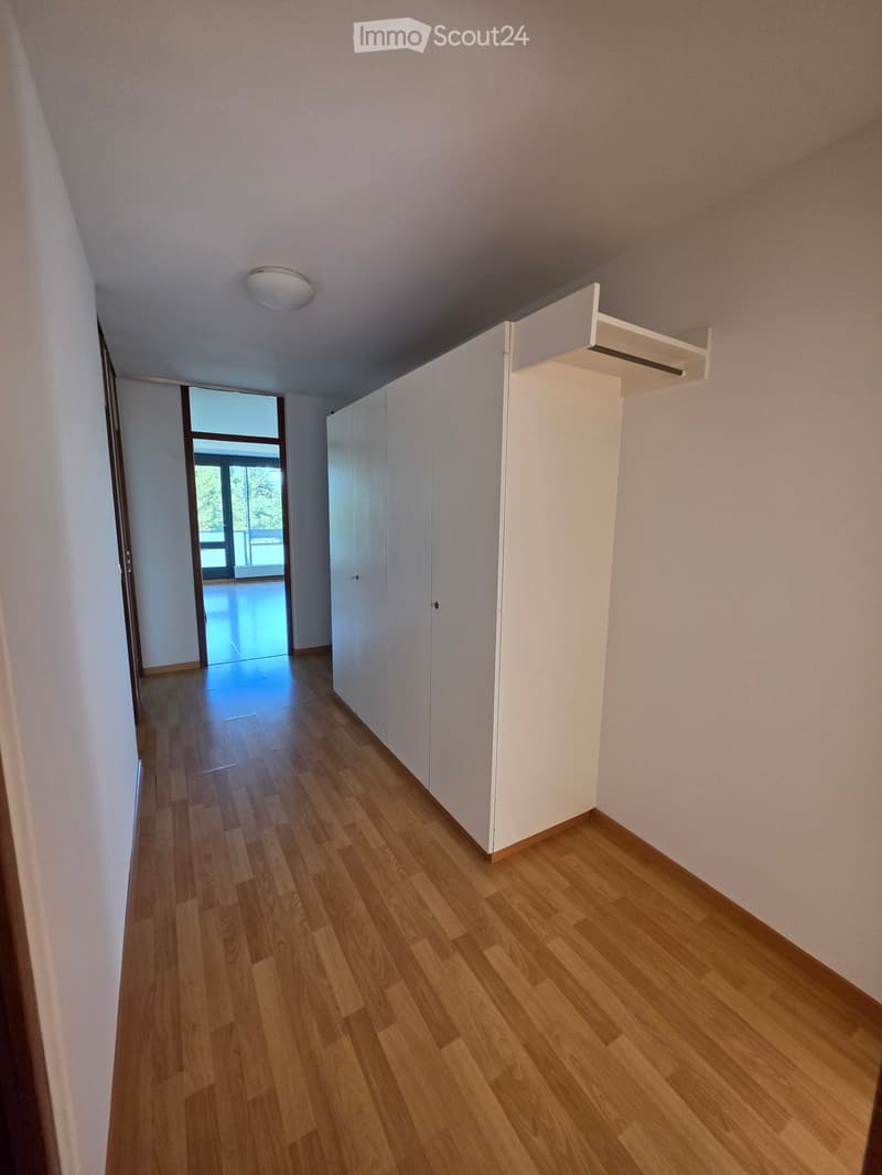 Empty hallway with wooden flooring, white walls, built-in closet, and a recessed ceiling light. A glass door at the end leads to a bright outdoor area.