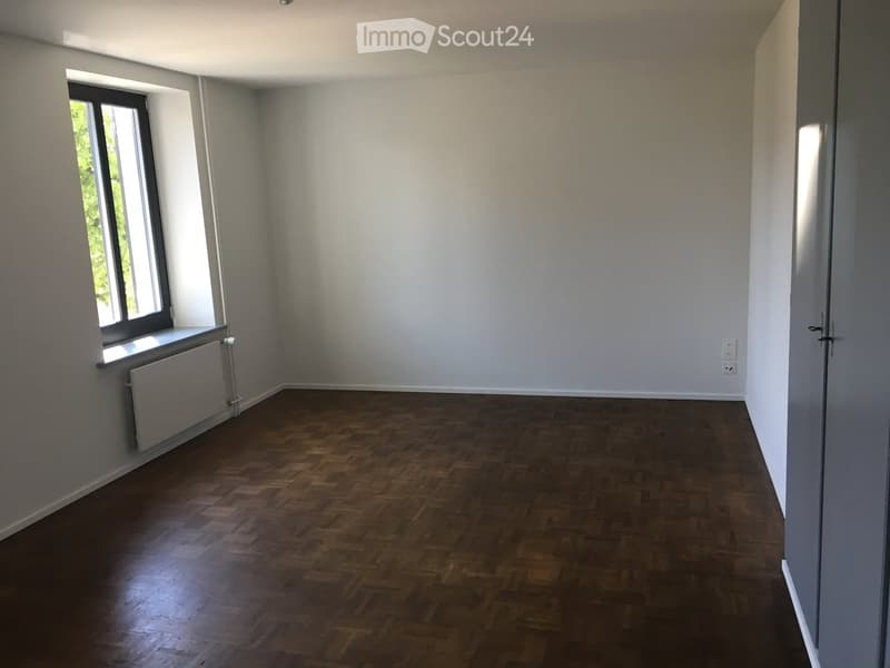 Empty room with wooden parquet flooring, white walls, and a large window with a radiator below it.