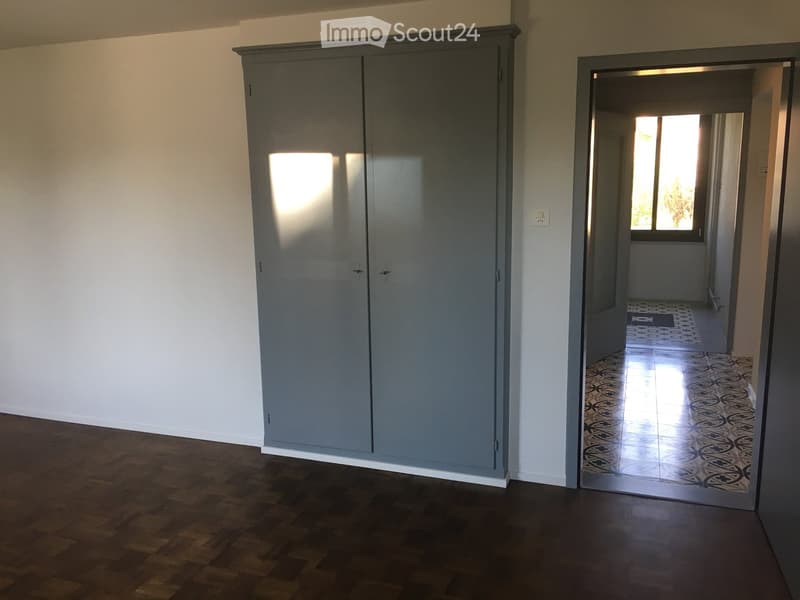 Empty room with wooden flooring, white walls, and a large grey wardrobe. An open doorway leads to a hallway with patterned tiles and a window letting in natural light.