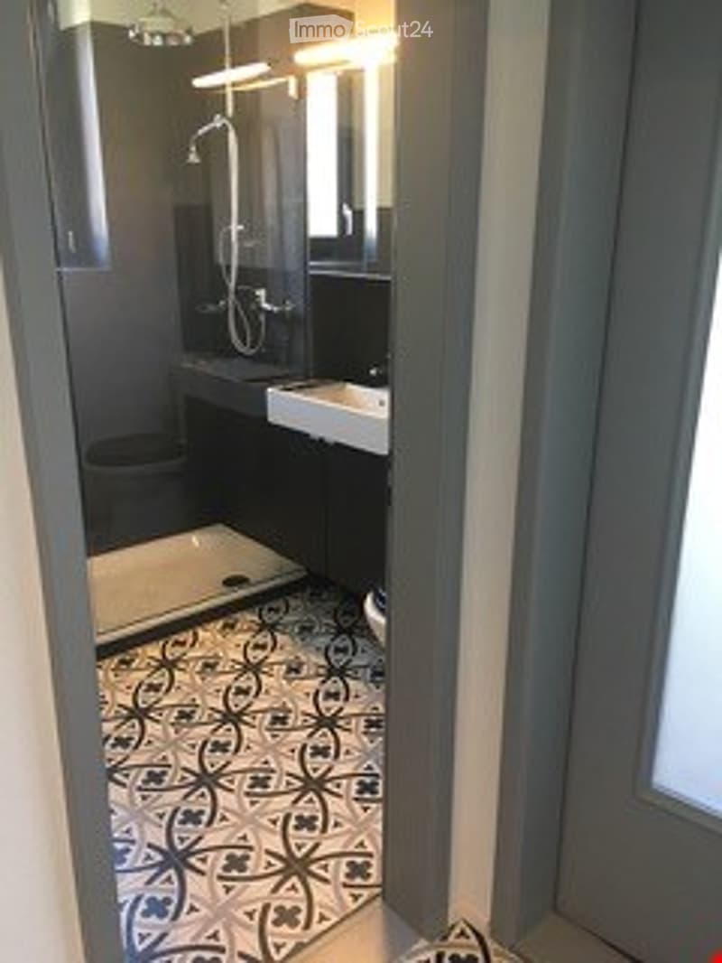 Modern bathroom with dark grey walls, a white sink, a large mirror, a shower area with a glass door, and a patterned tile floor.
