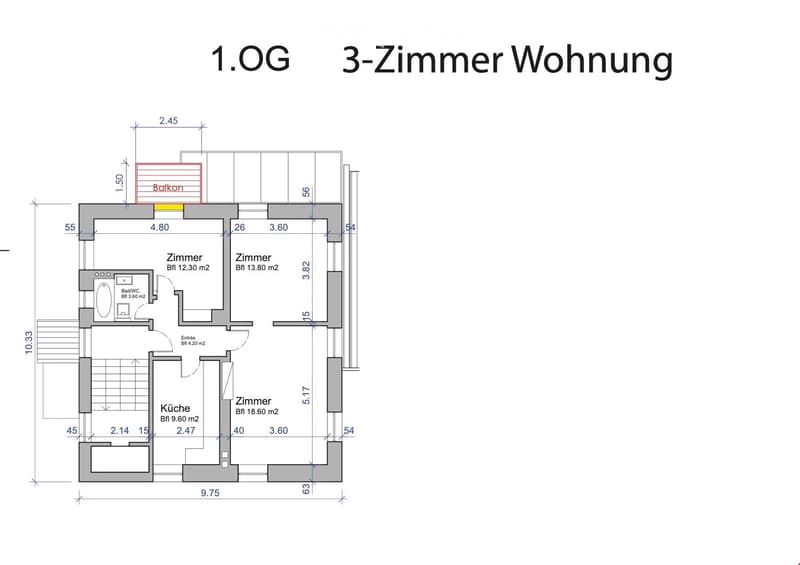 Floor plan of a 3-room apartment on the first floor, including a kitchen, bathroom, entrance, and balcony.
