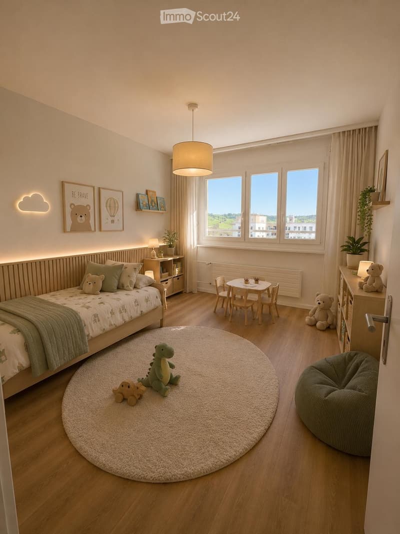 Cozy children's bedroom with a bed, nightstand, small table and chairs, round rug, and various toys.