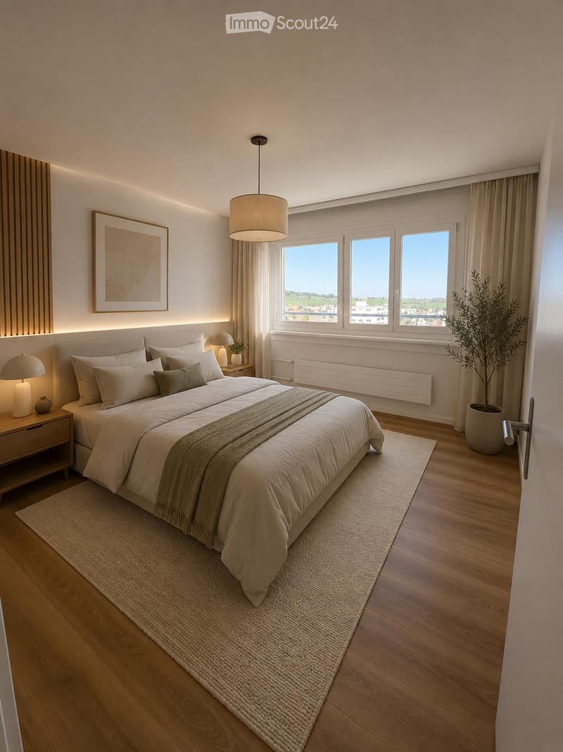 Modern bedroom with a large bed, nightstand, lamp, picture frame, potted plant, and a large window with curtains.