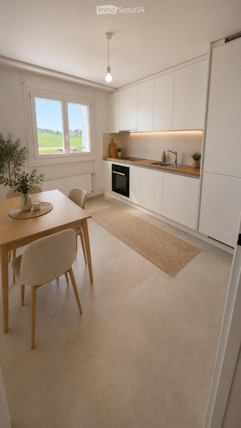 Modern kitchen with white cabinets, a wooden dining table with chairs, a sink, an oven, and a potted plant on the windowsill. The room features large windows with a scenic view and a woven rug on the floor.