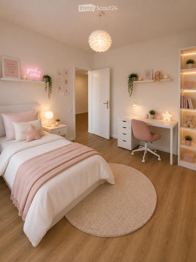 Cozy bedroom with a white bed, pink bedding, a round shaggy rug, a white desk with a pink chair, shelves with plants and decor, and a hanging light fixture.