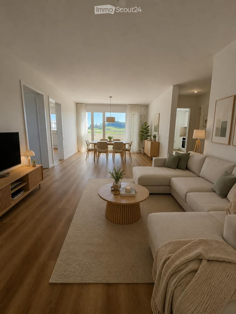 Modern living and dining area with a sectional sofa, coffee table, dining table with chairs, and a TV stand. The space features wooden flooring, large windows with sheer curtains, and decorative plants.