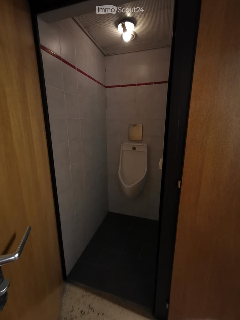Small, modern urinal stall with white tiled walls, a red accent line, and a ceiling light fixture.