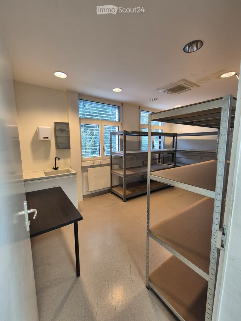 empty room with empty shelves, sink, empty wall mounted cabinet, ceiling lamps, windows