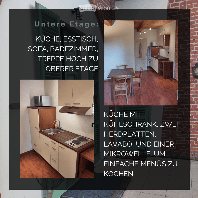 Floor Plan. Floor plan of a lower floor showing a kitchen, dining area, living room, bathroom, and staircase leading to the upper floor. The kitchen features cabinets, a sink, a stove, and a microwave.