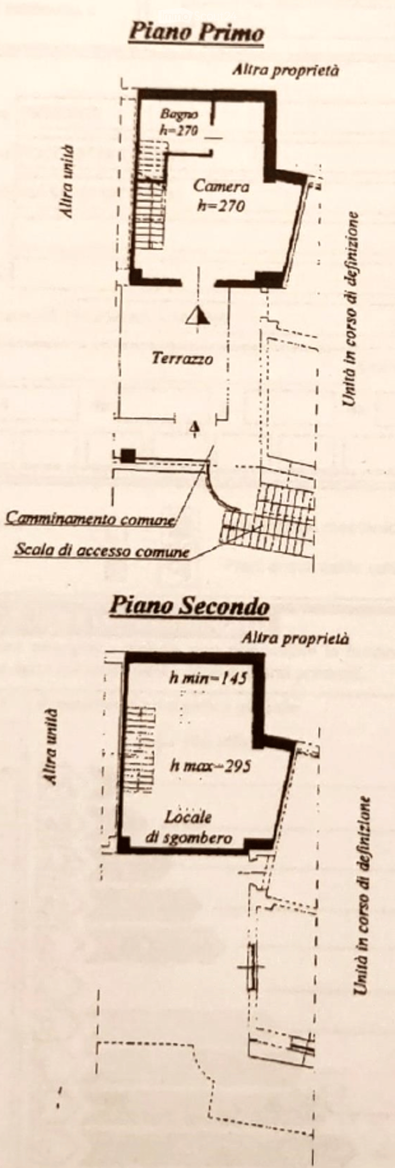 Floor Plan. Floor plan showing two levels: first floor with bedroom, terrace, and common access; second floor with storage area. Includes height measurements and common access stairs.
