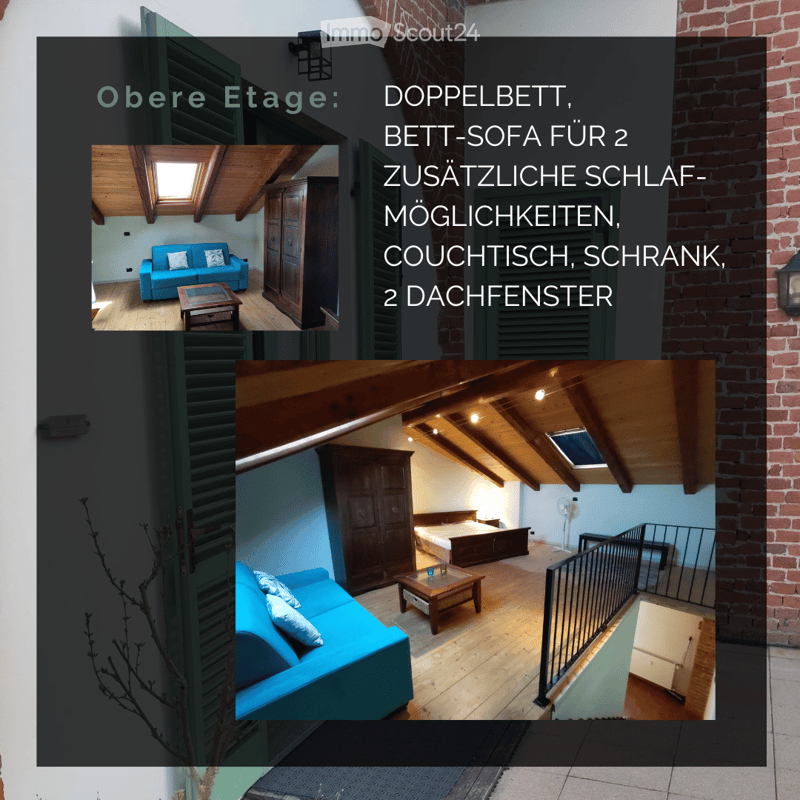 Furnished Room. The image shows a multi-functional room with a blue sofa, coffee table, wardrobe, bed, and nightstand. The room features wooden flooring, exposed wooden beams, and two skylights, creating a cozy and well-lit space.