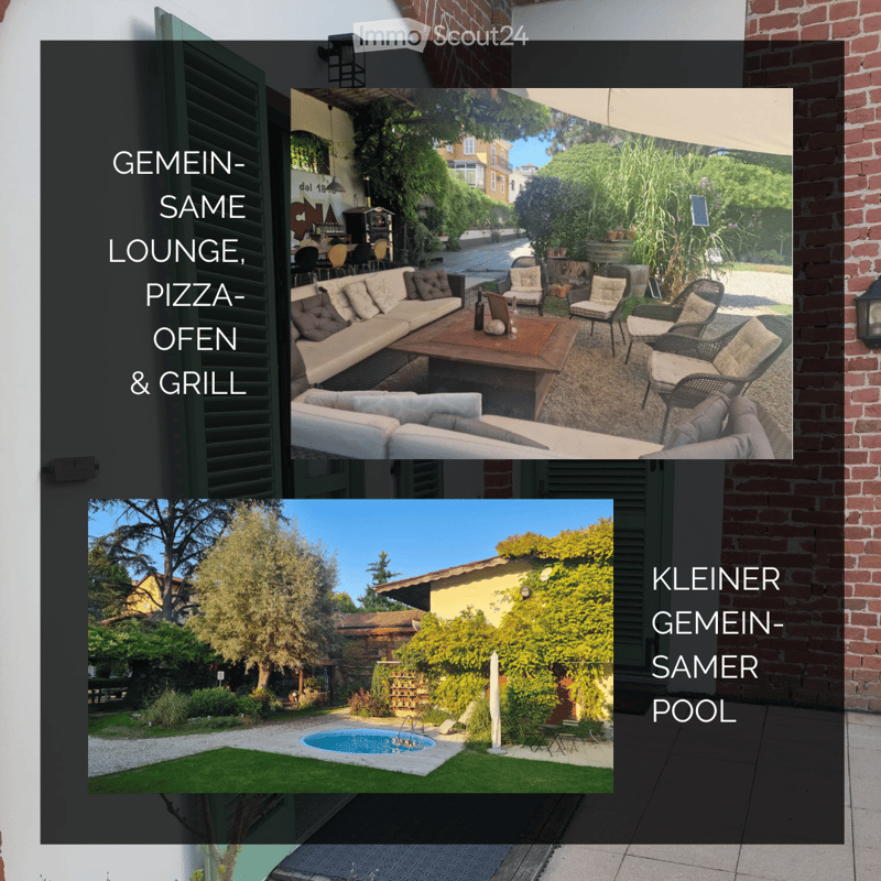 Garden / Outdoor Area. Composite image showing a communal lounge area with a sofa, coffee table, and outdoor seating, as well as a small pool surrounded by greenery and outdoor furniture.