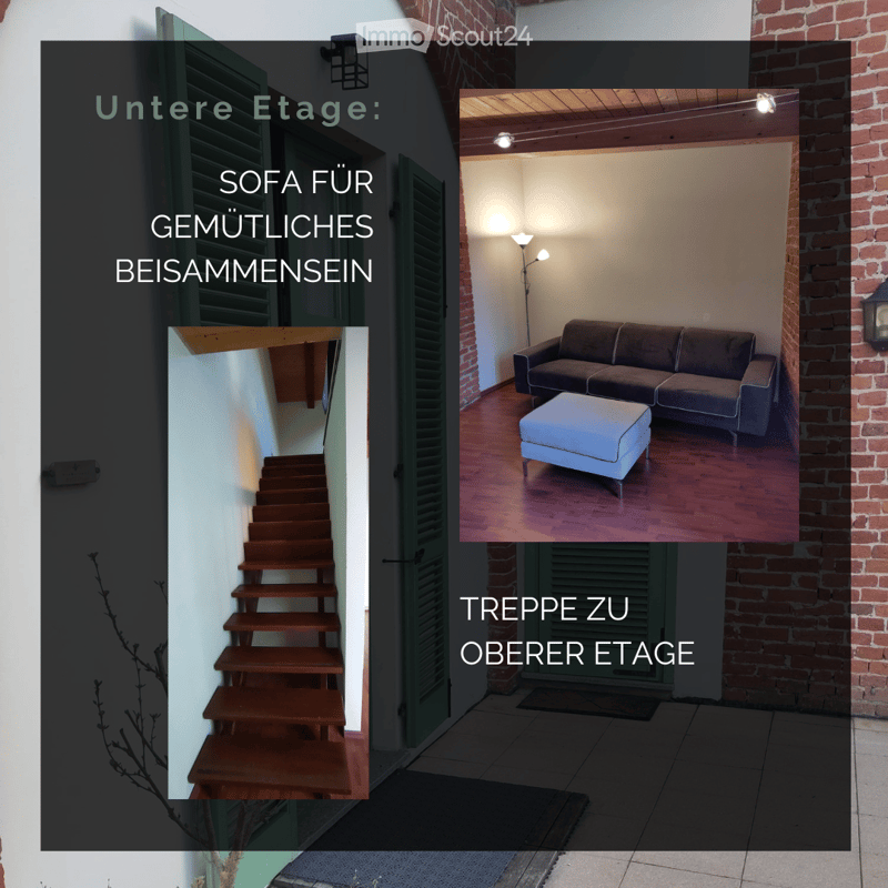 Furnished Room. Living room with a dark grey sectional sofa and a light blue ottoman on a wooden floor, exposed brick wall, and modern lighting.