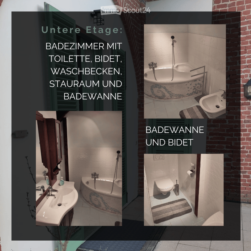 Bathroom. Bathroom with a bathtub, sink, toilet, bidet, and showerhead. Features a decorative mosaic border on the bathtub and a wooden cabinet with a mirror above the sink.