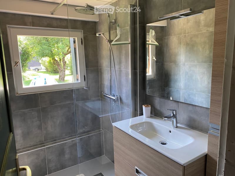 Modern bathroom with a glass-enclosed shower, a white sink with a modern faucet, a large mirror, and a trash can. The walls are tiled in grey, and there is a window offering a view of the outdoors.