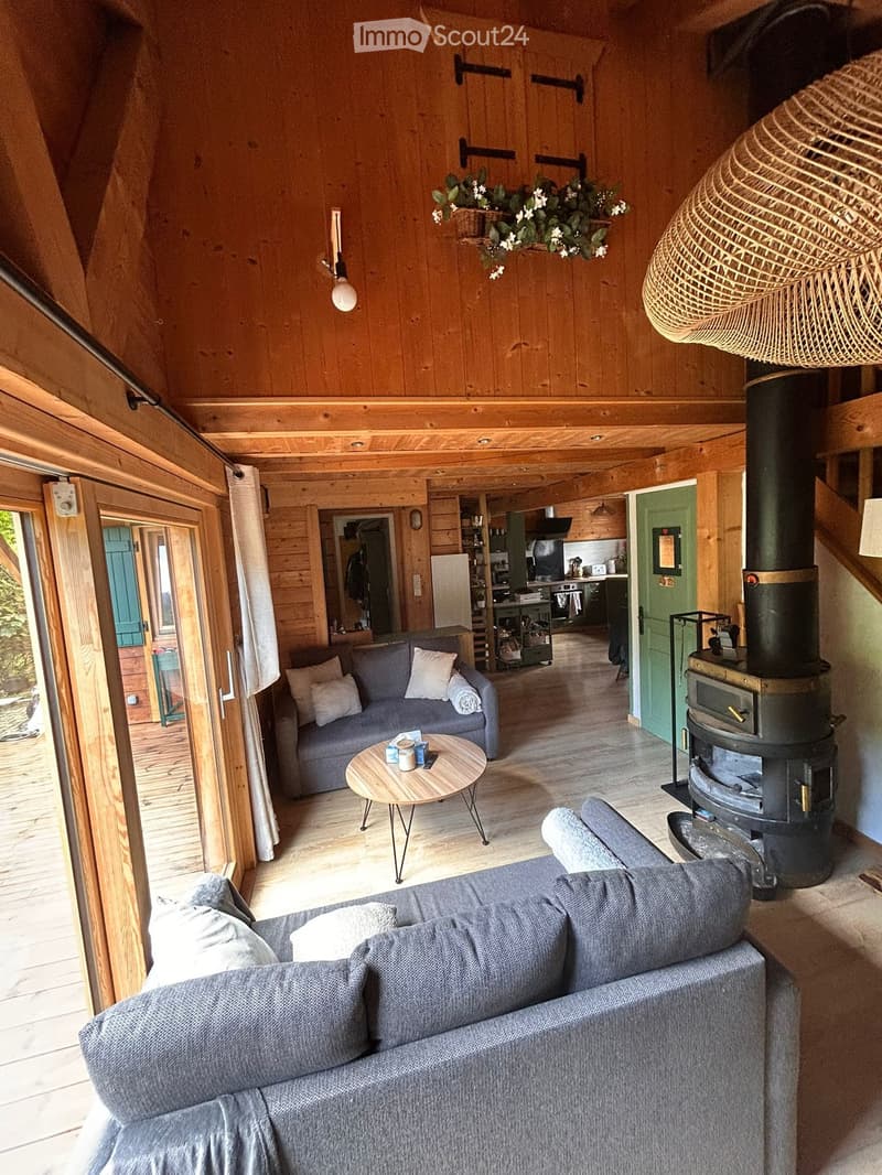 Cozy living room with wooden walls and ceiling, two sofas, a coffee table, a wood stove, and an open kitchen area with appliances.