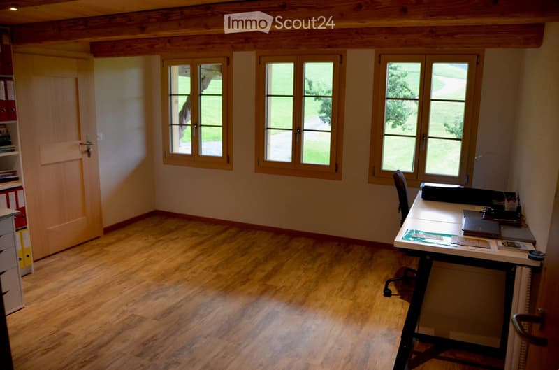 Furnished Room. Bright, wooden-floored room with large windows, a desk with a laptop, a chair, and a cabinet.
