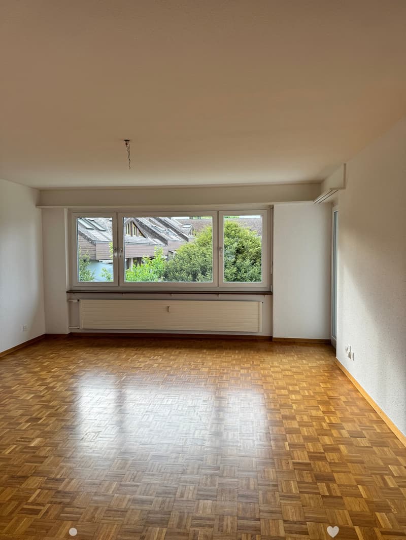 Empty room with wooden herringbone flooring, large windows showing a view of neighboring houses and greenery, and a radiator below the windows.