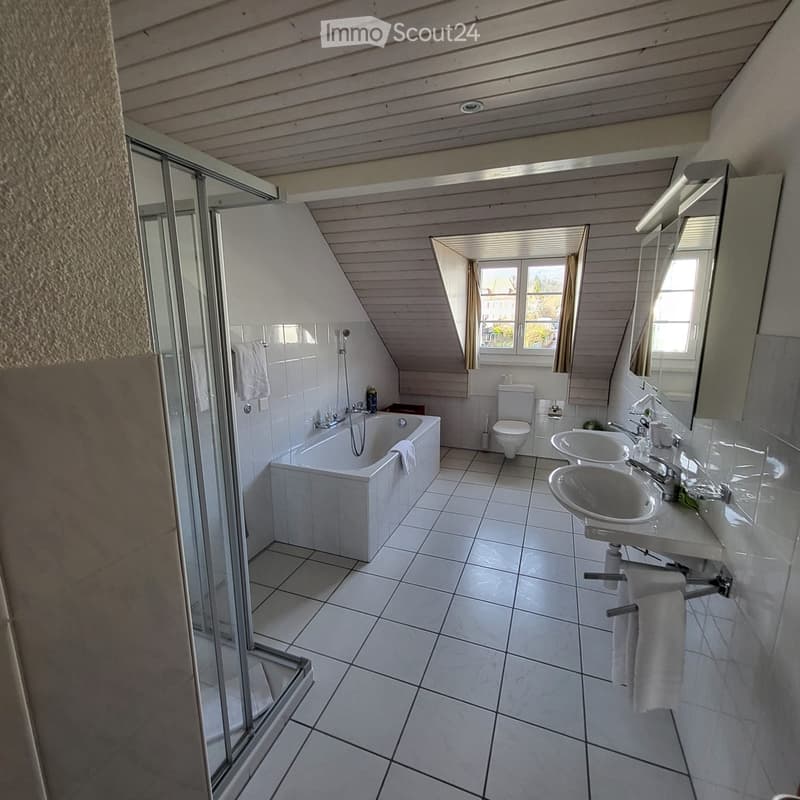 modern, white tiles, bathtub, shower, double sink, toilet, white walls