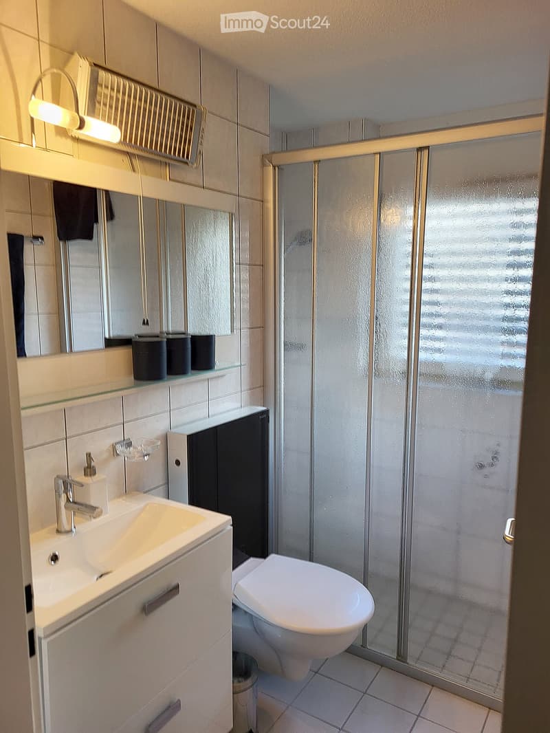 Modern bathroom with a white sink, chrome faucet, mirrored cabinet, toilet, and a glass-enclosed shower. The space features tiled walls and floor, with a built-in storage cabinet under the sink.