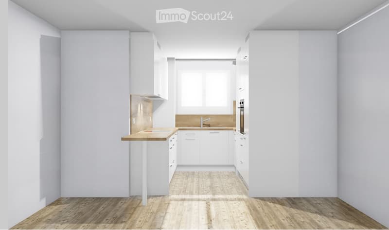 Modern kitchen with white cabinets, wooden countertop, sink, faucet, and oven. Light wooden flooring and white walls.