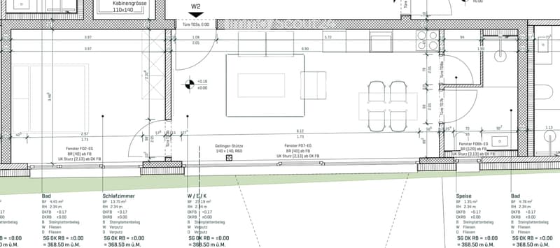 Floor plan of a residential space showing a bathroom, bedroom, living/dining/kitchen area, hallway, and storage space. Dimensions and technical details are labeled.