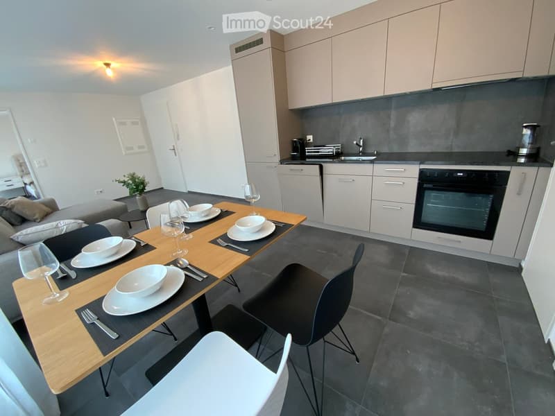 Modern open-plan living and dining area with a sofa, dining table set for four, and a kitchen featuring cabinets, an oven, and a dishwasher.