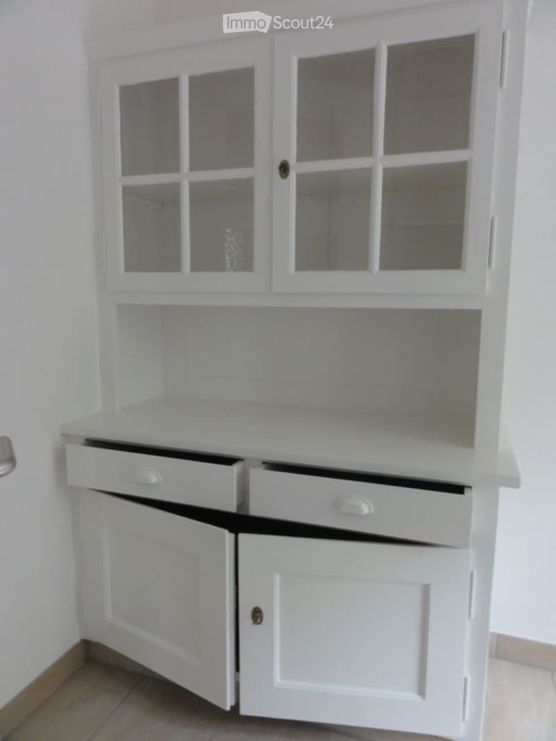 modern white wooden sideboard, open cupboard, glass doors, drawers