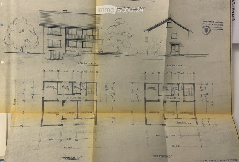 Architectural floor plan showing a two-story house with labeled rooms including living room, kitchen, bathroom, and bedrooms. Includes exterior views and measurements.