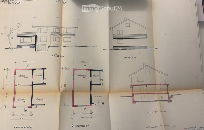 Architectural floor plan showing multiple views including exterior elevations (south, west), ground floor layout, basement layout, and cross-section. Includes labeled rooms such as Zimmer (rooms), Hobbyraum (hobby room), Keller (basement), and Garage.