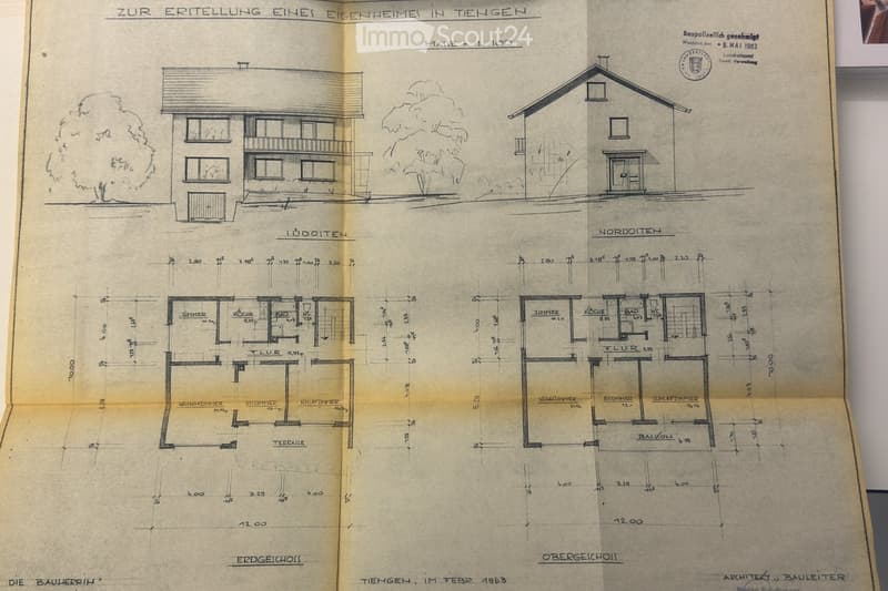 Architectural floor plan showing ground and upper floors of a residential building, including living room, kitchen, bedrooms, bathrooms, and a balcony.