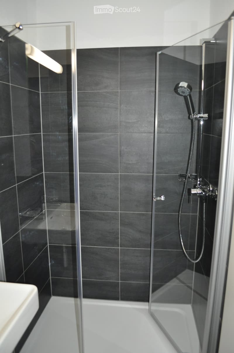 Modern bathroom with a bathtub, glass-enclosed shower, and sleek black tiles.