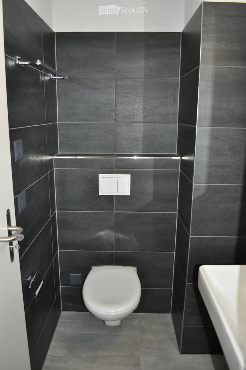 Modern bathroom with dark grey tiles, white toilet, and white sink.