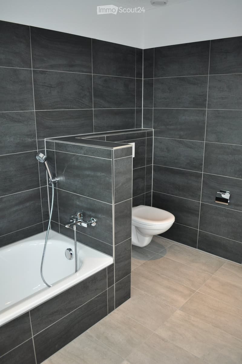 Modern bathroom with dark grey tiles, a bathtub with a handheld shower, a toilet, and a towel rack.