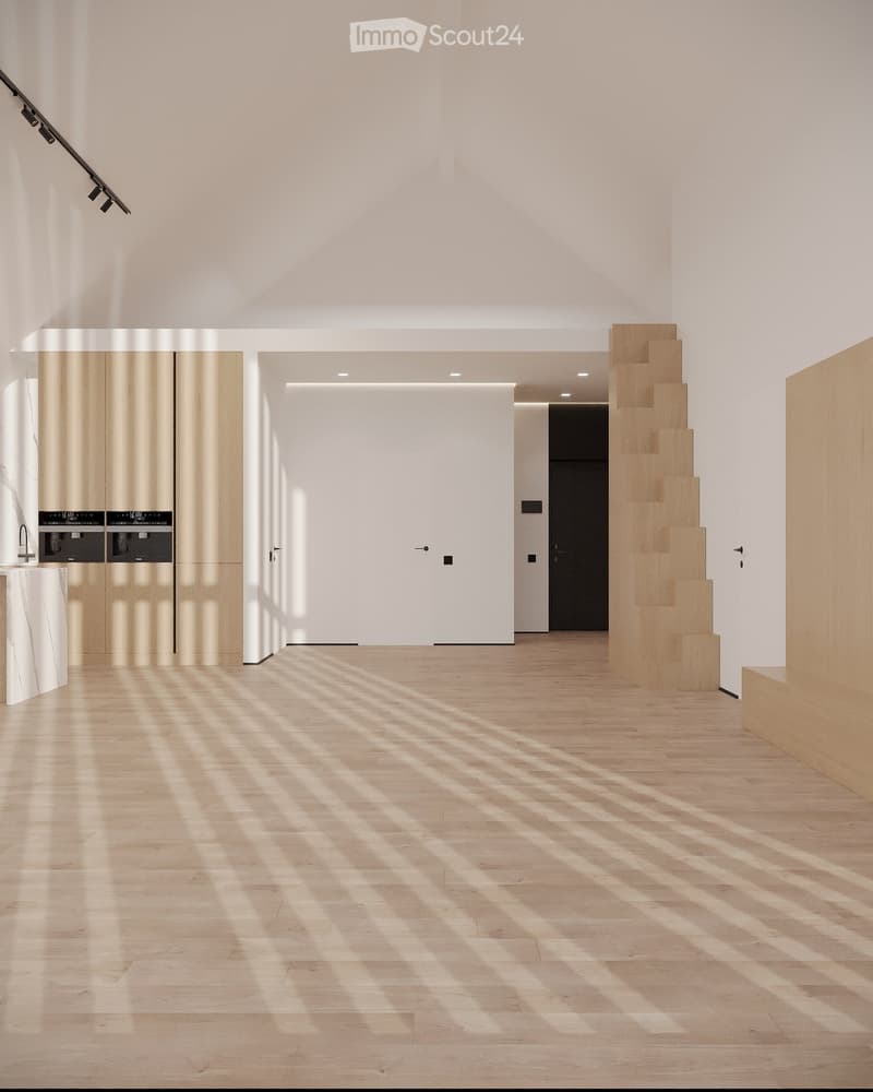 Bright, minimalist hallway with wooden flooring, white walls, and modern built-in cabinets. Natural light streams in, creating geometric shadows on the floor.