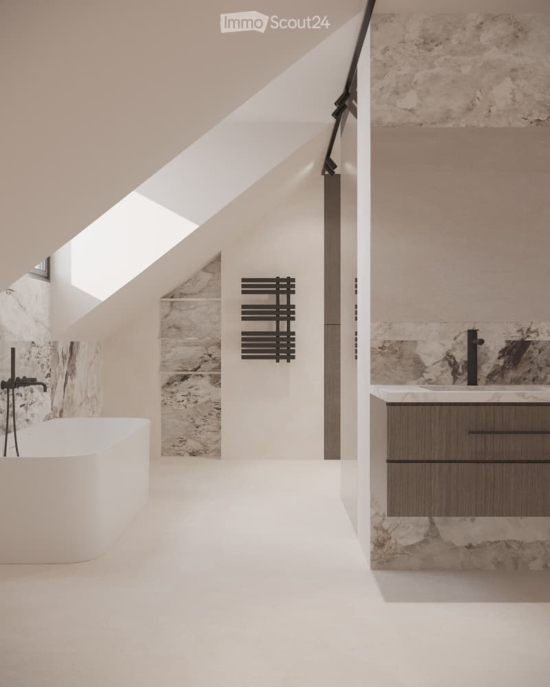 Modern bathroom with a freestanding bathtub, a sink with a sleek faucet, and a wooden cabinet. The space features marble tiles and a skylight providing natural light.