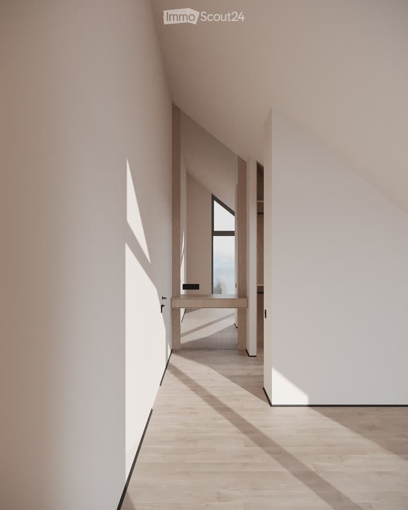 Minimalist hallway with light wooden flooring, white walls, and a small console table with a mirror at the end.