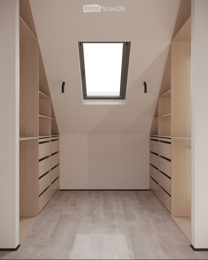 An empty room with light wooden flooring, built-in wooden shelving units on both sides, and a skylight window in the center.